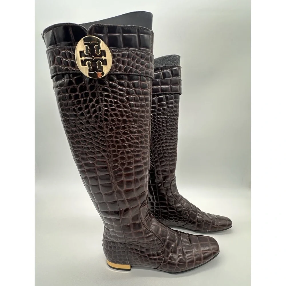 Tory Burch Brown Crocodile embossed leather riding boot Gold Heel & Logo Size‎ 7
